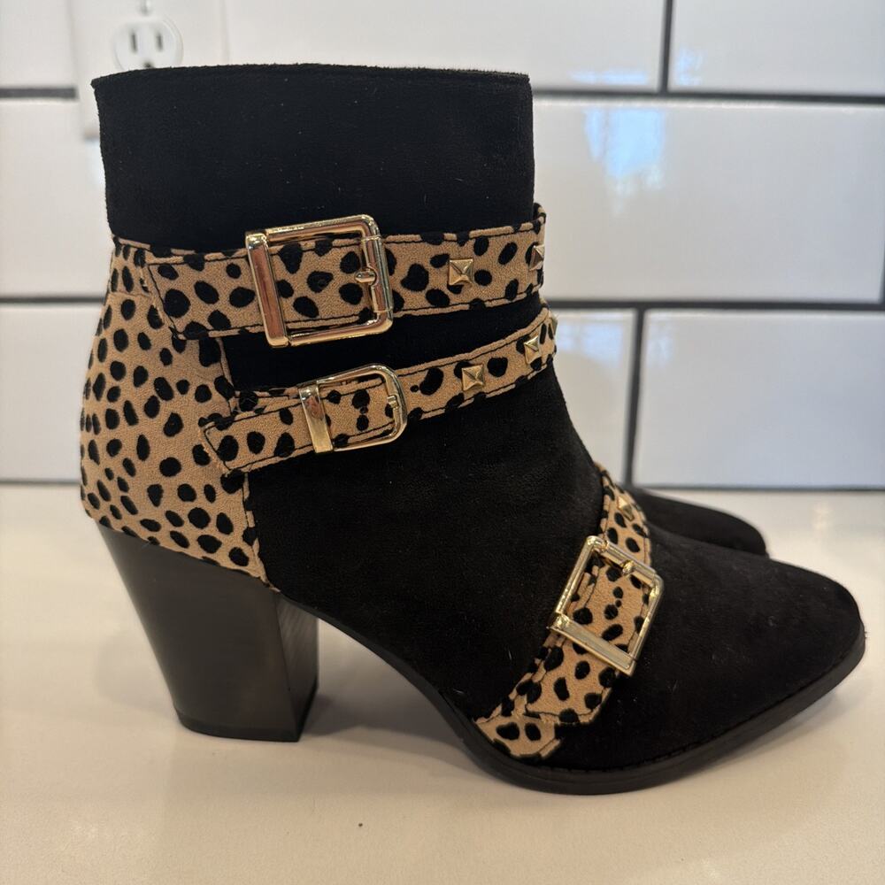 Pierre Dumas Black Leopard Print Ankle Boots Good Studs Buckle Womens Size 6 NEW
